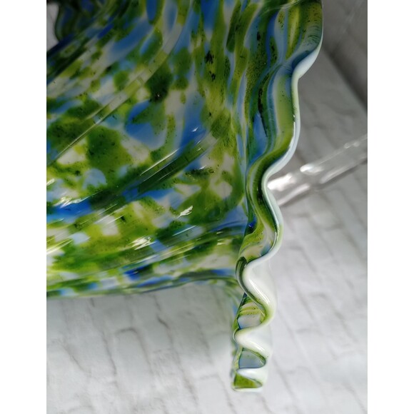 Vintage Fenton Adventurine Glass Basket: Blue, Green, & White Swirl - Picture 5 of 5